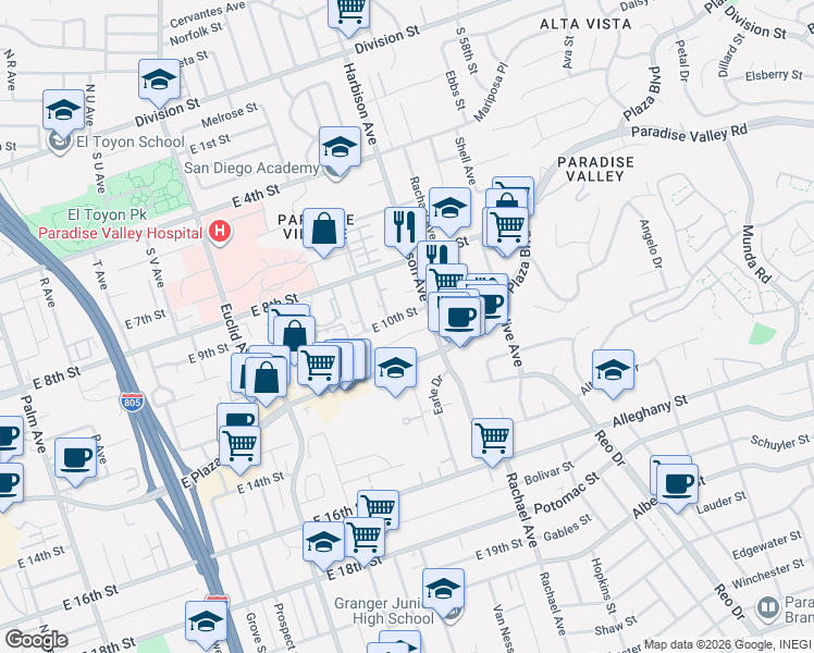 map of restaurants, bars, coffee shops, grocery stores, and more near 3006 East 11th Street in National City