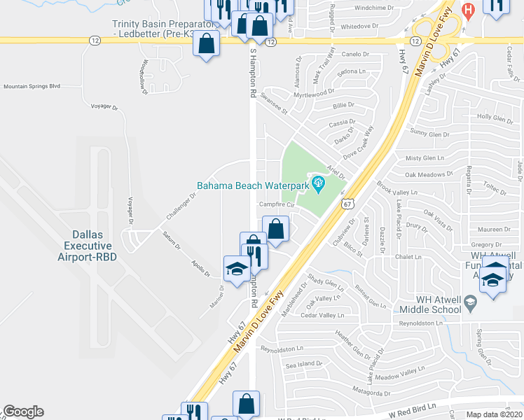map of restaurants, bars, coffee shops, grocery stores, and more near 5314 South Hampton Road in Dallas
