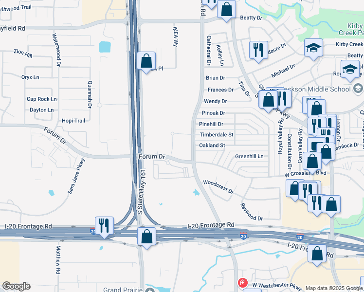 map of restaurants, bars, coffee shops, grocery stores, and more near in Grand Prairie