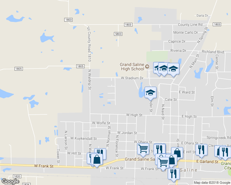 map of restaurants, bars, coffee shops, grocery stores, and more near 1000 North Florence Street in Grand Saline