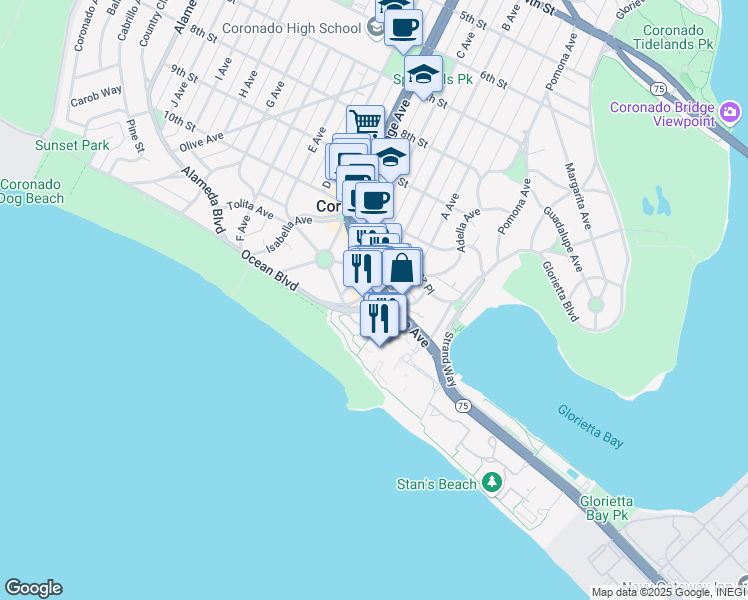 map of restaurants, bars, coffee shops, grocery stores, and more near 3 Rh Dana Place in Coronado