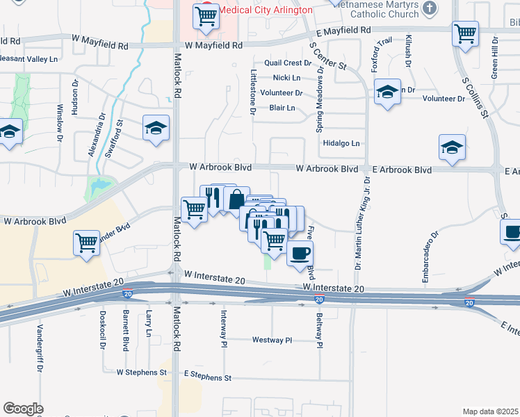 map of restaurants, bars, coffee shops, grocery stores, and more near 401 Highlander Boulevard in Arlington