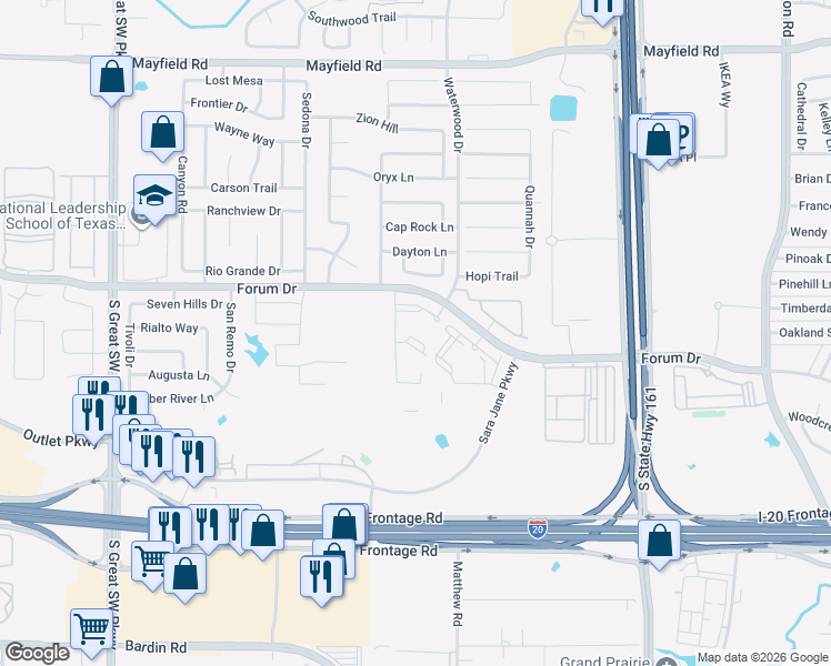 map of restaurants, bars, coffee shops, grocery stores, and more near 2105 Forum Drive in Grand Prairie