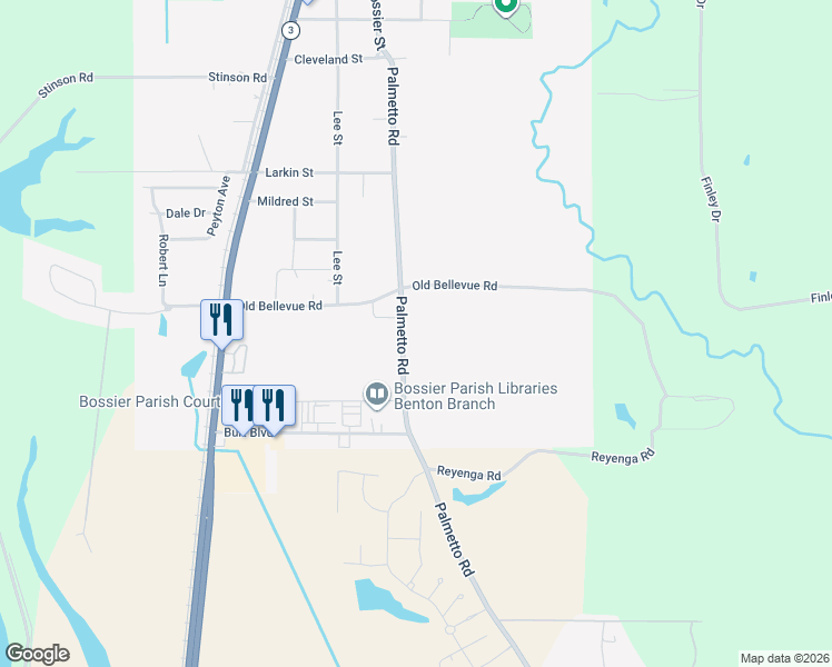 map of restaurants, bars, coffee shops, grocery stores, and more near 1360 Palmetto Road in Benton