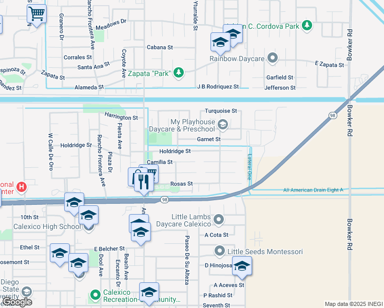 map of restaurants, bars, coffee shops, grocery stores, and more near 1154 Camilia Street in Calexico