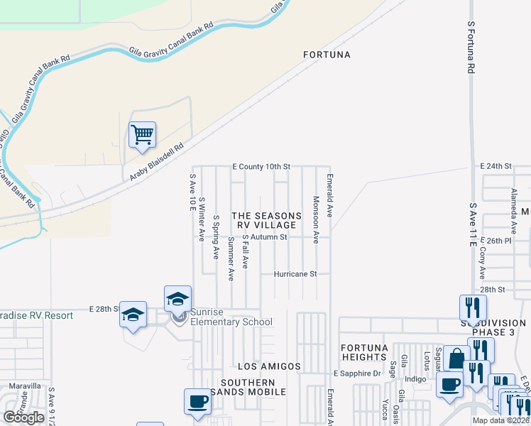map of restaurants, bars, coffee shops, grocery stores, and more near 10267 South Cyclone Avenue in Yuma