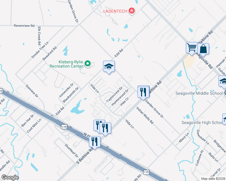 map of restaurants, bars, coffee shops, grocery stores, and more near 1611 Cedar Bluff Lane in Dallas