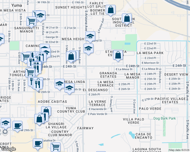 map of restaurants, bars, coffee shops, grocery stores, and more near 533 East 25th Street in Yuma