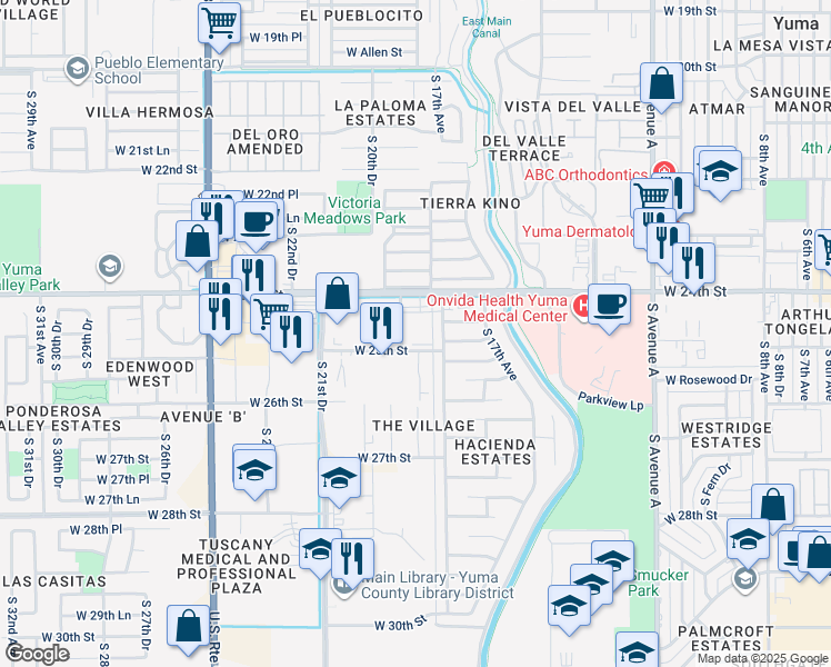 map of restaurants, bars, coffee shops, grocery stores, and more near 1841A West 25th Street in Yuma