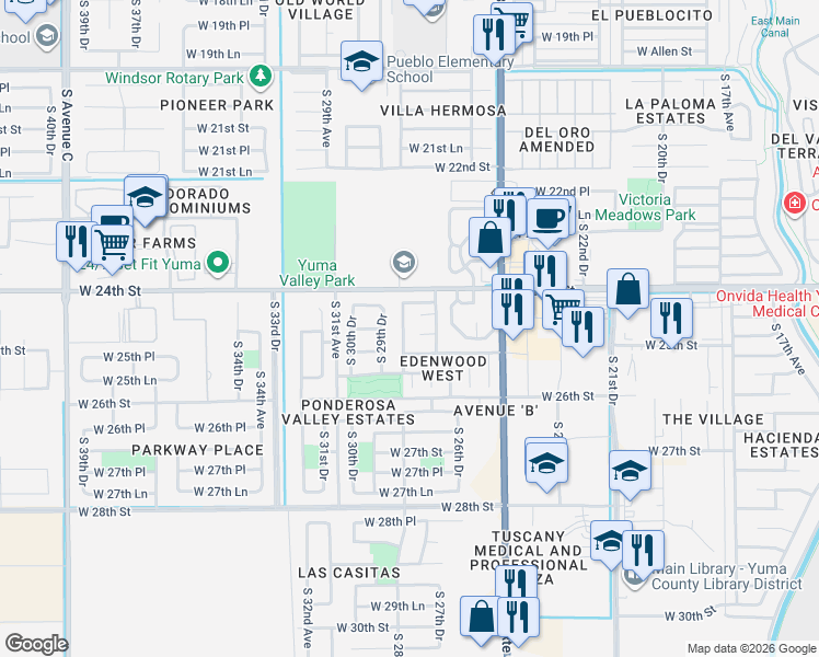 map of restaurants, bars, coffee shops, grocery stores, and more near 2431 S Greenwood Ave in Yuma