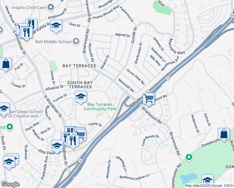 map of restaurants, bars, coffee shops, grocery stores, and more near 7373 Tooma Street in San Diego