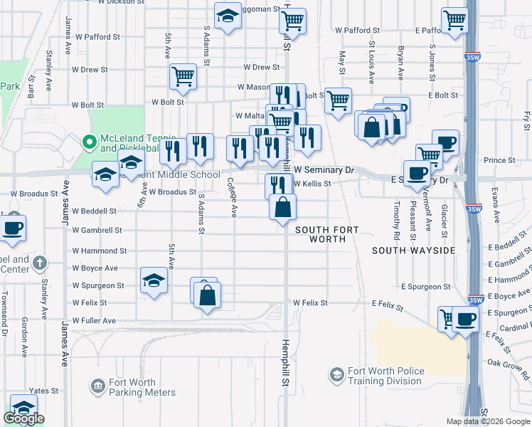 map of restaurants, bars, coffee shops, grocery stores, and more near 813 West Beddell Street in Fort Worth