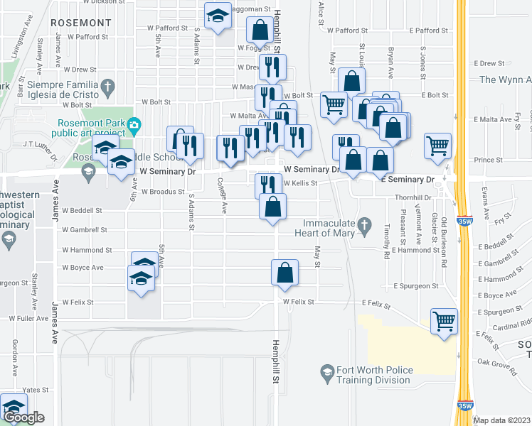 map of restaurants, bars, coffee shops, grocery stores, and more near 710 West Beddell Street in Fort Worth
