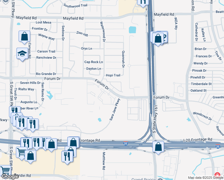 map of restaurants, bars, coffee shops, grocery stores, and more near 2045 Forum Drive in Grand Prairie