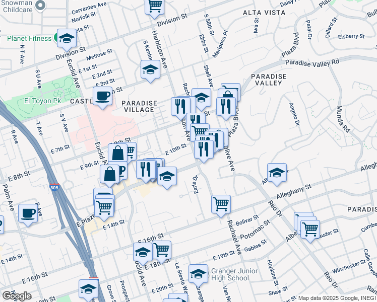 map of restaurants, bars, coffee shops, grocery stores, and more near 3006 East 11th Street in National City