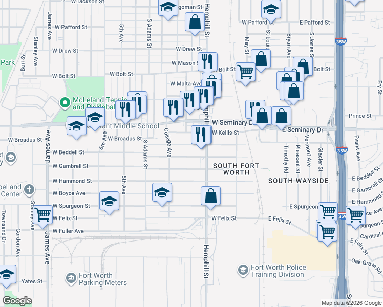 map of restaurants, bars, coffee shops, grocery stores, and more near 813 West Beddell Street in Fort Worth