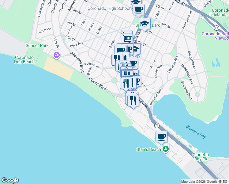 map of restaurants, bars, coffee shops, grocery stores, and more near 1059 Ocean Boulevard in Coronado