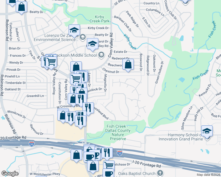map of restaurants, bars, coffee shops, grocery stores, and more near 3745 Magnolia Drive in Grand Prairie