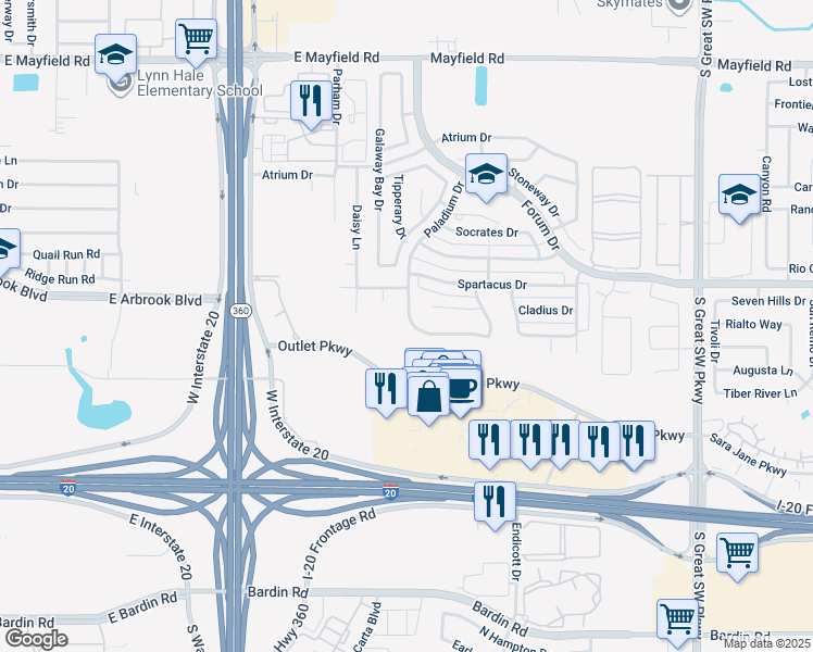 map of restaurants, bars, coffee shops, grocery stores, and more near 2951 Paladium Drive in Grand Prairie