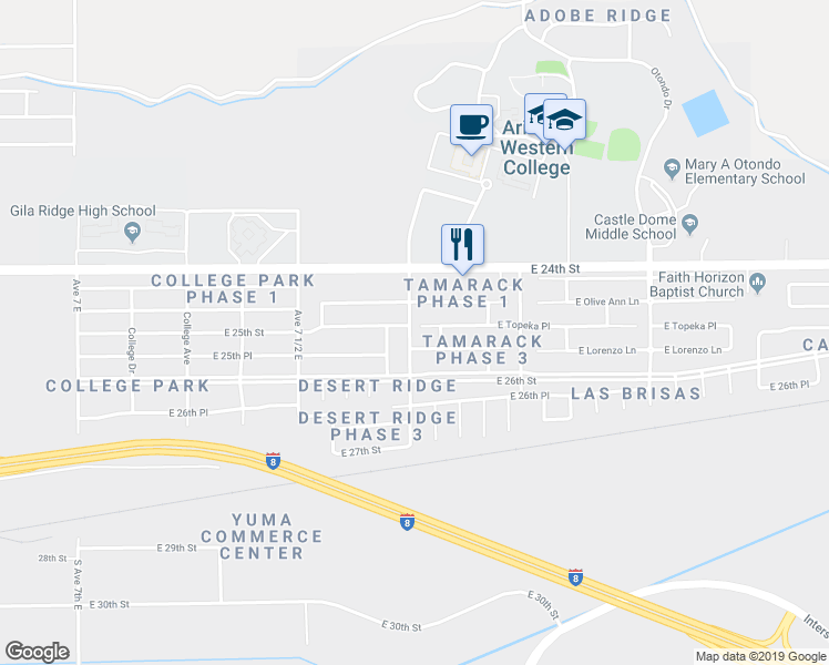 map of restaurants, bars, coffee shops, grocery stores, and more near 7711 East Topeka Place in Yuma