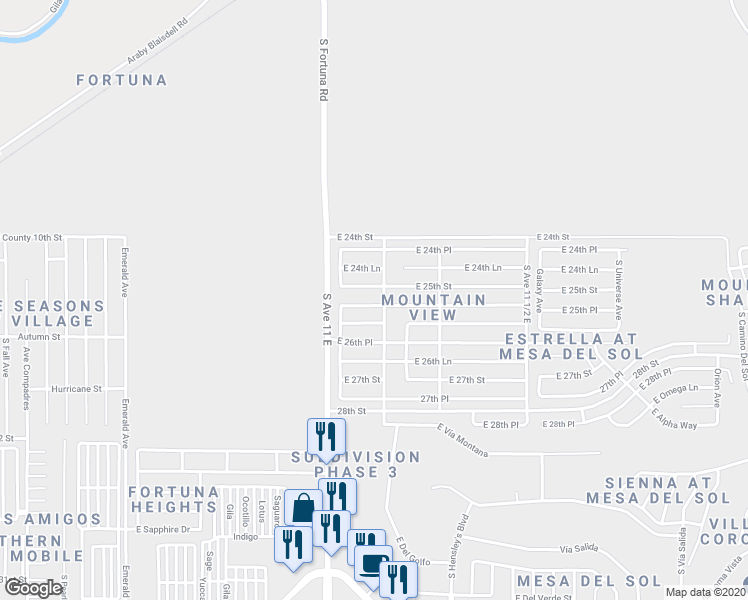 map of restaurants, bars, coffee shops, grocery stores, and more near 11194 East 25th Place in Yuma