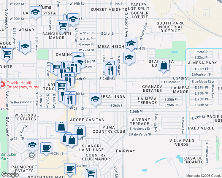 map of restaurants, bars, coffee shops, grocery stores, and more near 183 East 25th Street in Yuma