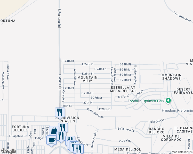 map of restaurants, bars, coffee shops, grocery stores, and more near 11376 East 26th Street in Yuma