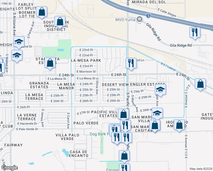 map of restaurants, bars, coffee shops, grocery stores, and more near 2033 East 25th Street in Yuma