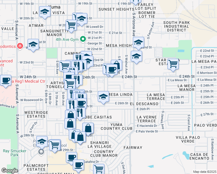 map of restaurants, bars, coffee shops, grocery stores, and more near 113 East 25th Street in Yuma