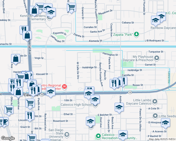 map of restaurants, bars, coffee shops, grocery stores, and more near 1207-1217 East Calle De Oro in Calexico