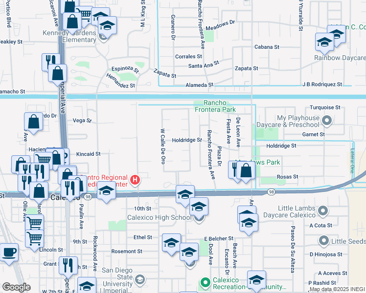 map of restaurants, bars, coffee shops, grocery stores, and more near 1207-1217 East Calle De Oro in Calexico