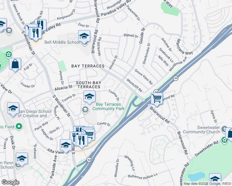 map of restaurants, bars, coffee shops, grocery stores, and more near 7375 Tooma Street in San Diego