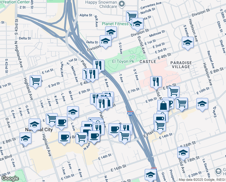 map of restaurants, bars, coffee shops, grocery stores, and more near 633 East 7th Street in National City