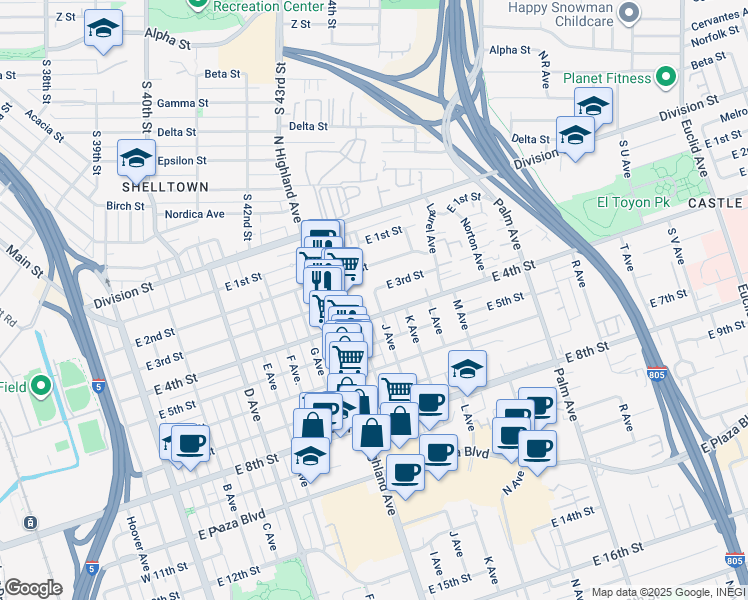 map of restaurants, bars, coffee shops, grocery stores, and more near 835 East 4th Street in National City