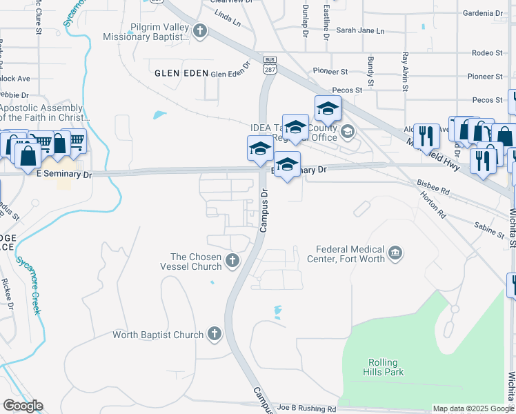 map of restaurants, bars, coffee shops, grocery stores, and more near 1750 Campus Drive in Fort Worth