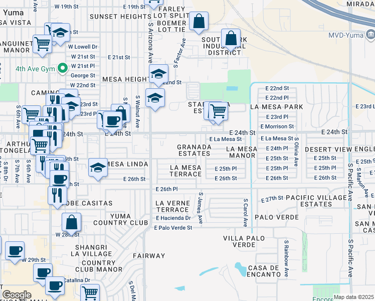 map of restaurants, bars, coffee shops, grocery stores, and more near 743 East 24th Place in Yuma