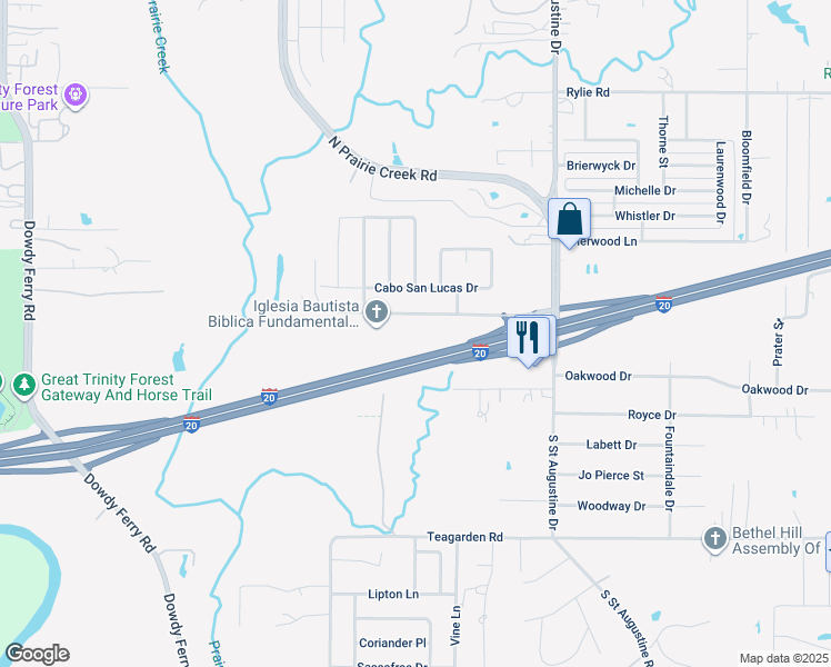 map of restaurants, bars, coffee shops, grocery stores, and more near 9400 Sandyland Boulevard in Dallas