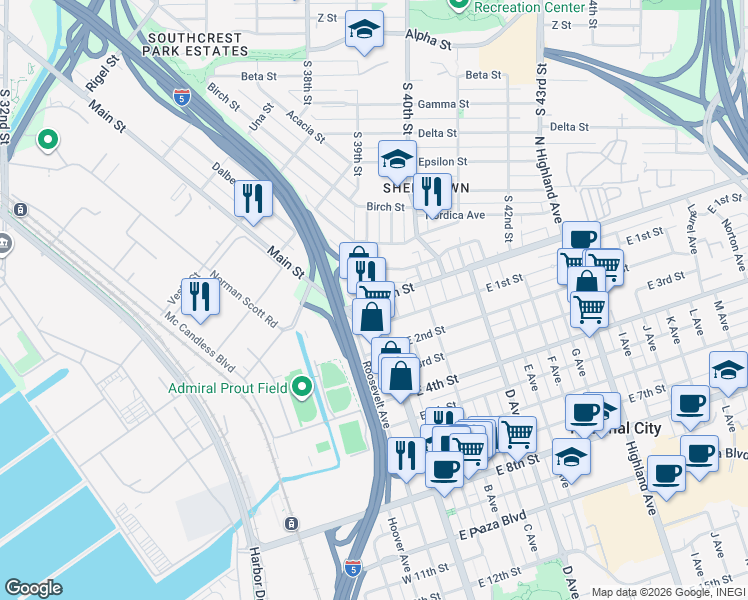 map of restaurants, bars, coffee shops, grocery stores, and more near 2 Division Street in National City