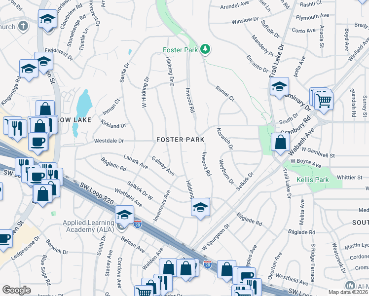 map of restaurants, bars, coffee shops, grocery stores, and more near 4404 East Hildring Drive in Fort Worth