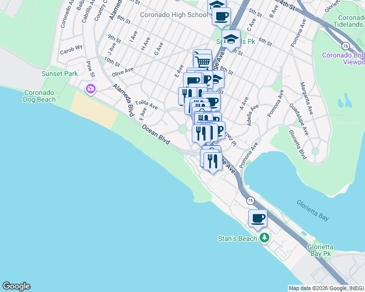 map of restaurants, bars, coffee shops, grocery stores, and more near 1059 Ocean Boulevard in Coronado