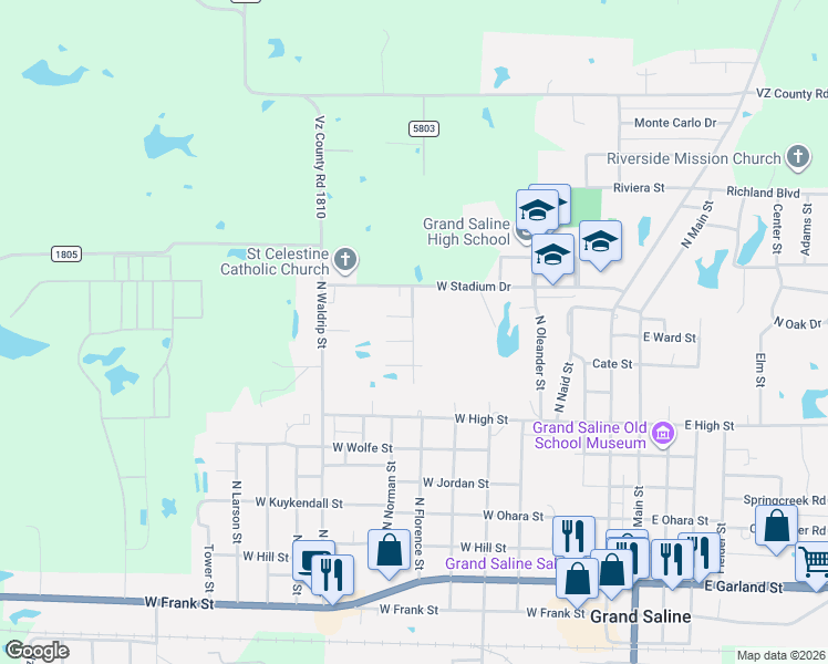 map of restaurants, bars, coffee shops, grocery stores, and more near 1000 North Florence Street in Grand Saline