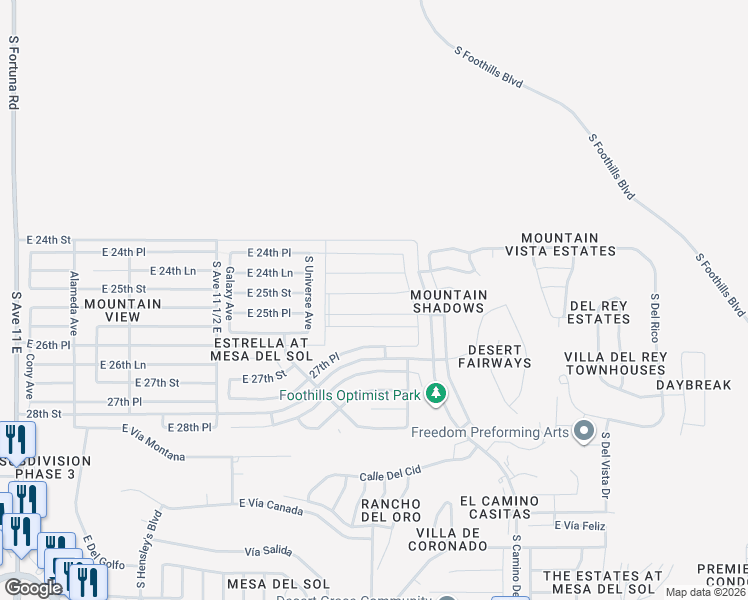 map of restaurants, bars, coffee shops, grocery stores, and more near 10181 South Universe Avenue in Yuma