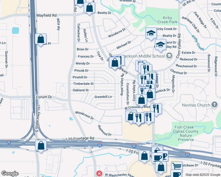map of restaurants, bars, coffee shops, grocery stores, and more near 710 Oakland Street in Grand Prairie
