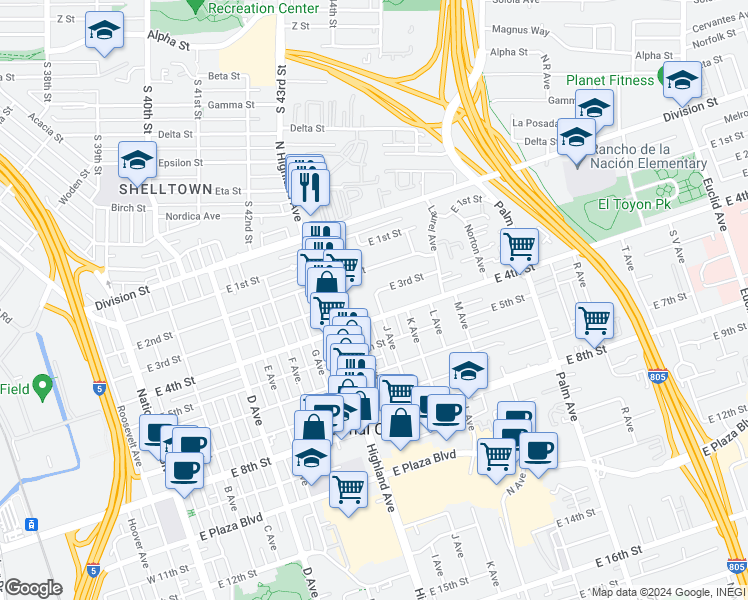map of restaurants, bars, coffee shops, grocery stores, and more near 320 J Avenue in National City