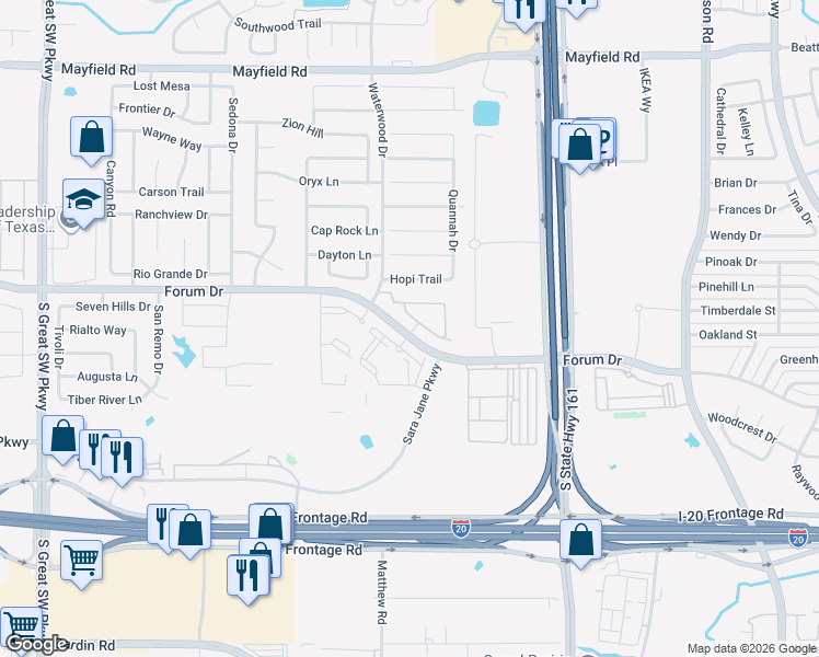 map of restaurants, bars, coffee shops, grocery stores, and more near 2030 S Forum Drive in Grand Prairie