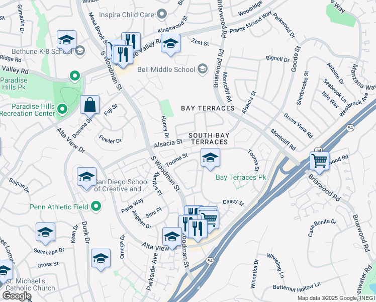 map of restaurants, bars, coffee shops, grocery stores, and more near 7037 Deerhurst Court in San Diego