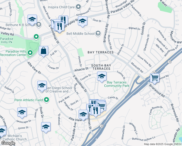 map of restaurants, bars, coffee shops, grocery stores, and more near 7037 Deerhurst Court in San Diego