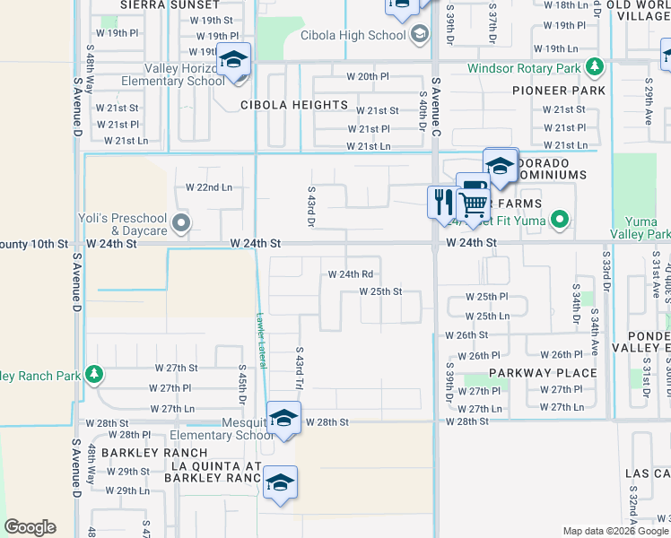 map of restaurants, bars, coffee shops, grocery stores, and more near 4269-4499 West 24th Street in Yuma