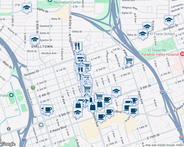 map of restaurants, bars, coffee shops, grocery stores, and more near 921 East 4th Street in National City