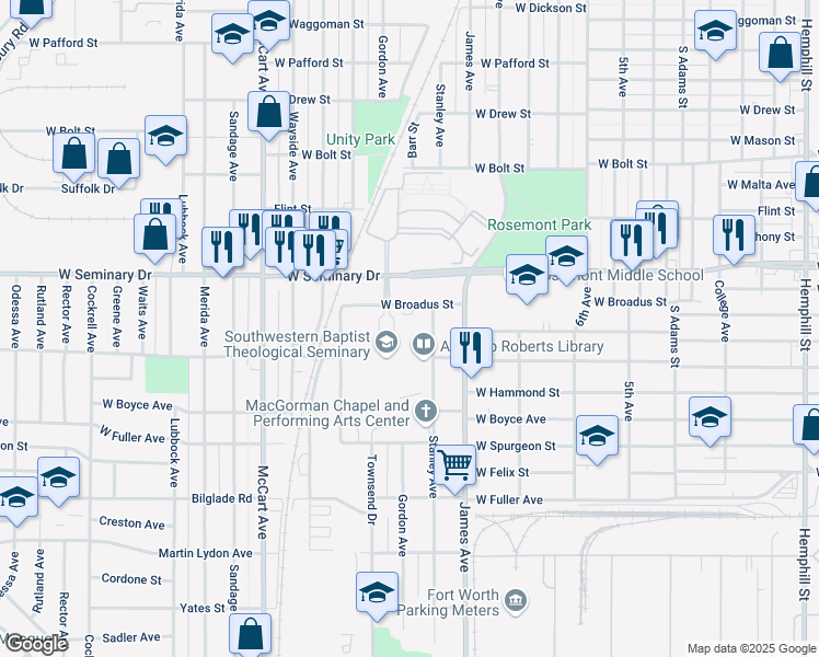 map of restaurants, bars, coffee shops, grocery stores, and more near 1809 West Broadus Street in Fort Worth